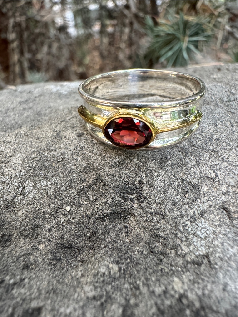 Sundance Silver Band Ring with Gold Accents and Red Oval Stone